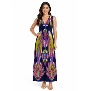 Chico's Womens Ikat Print Twist Knot V-Neck Sleeveless Maxi Dress Multicolor 2/L